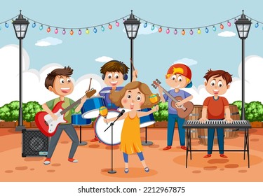 Children music band playing music instrument illustration