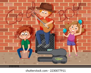 Children music band playing music instrument illustration