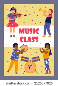 Children music class cartoon vector poster. Black and white boys learning how to play violin, trumpet, drums, flute and tambourine. Flat illustration.
