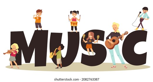 Children music education banner template with kids and teacher Children playing musical instruments, flat cartoon vector illustration isolated on white background.