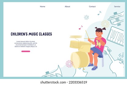 Children music education and lessons website banner or landing page mockup with child playing on drums musical instruments, flat vector illustration. Learning music and arts.