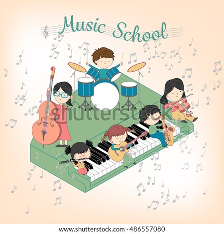 Children music school composition with boys and girls playing many instruments vector illustration set