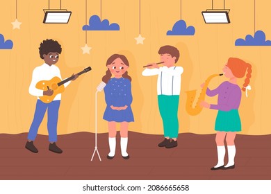 Children with musical instruments play acoustic music on school concert or party vector illustration. Cartoon cute group of boys and girls musicians playing saxophone, flute and guitar, singer singing