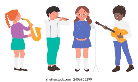 Children with musical instruments play acoustic music on school concert or party vector illustration. Cartoon cute group of boys and girls musicians playing saxophone, flute and guitar, singer singing