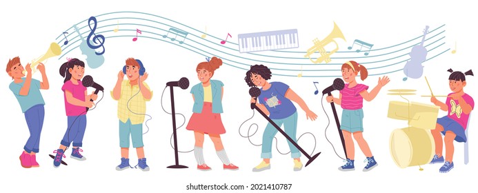 Children with musical Instruments - playing music and singing songs. Kids orchestra or band, music education for children banner background, flat vector illustration isolated on white background.