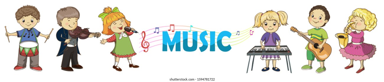 Children with musical intruments. Boys and girls singing, playing guitar, drum, piano, violin. Music background for poster, banner, brochure templates.