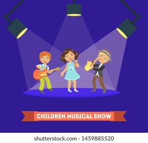 Children Musical Show Banner Template, Kids Performing on Stage, Boys and Girls Singing and Playing Music Instruments Vector Illustration