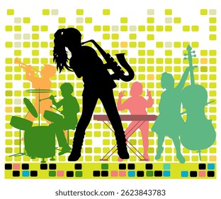 Children musicants silhouettes with music elements on bright background. Vector illustration.	