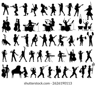 Children musicants silhouettes with musical instruments on white background. Vector illustration.	
