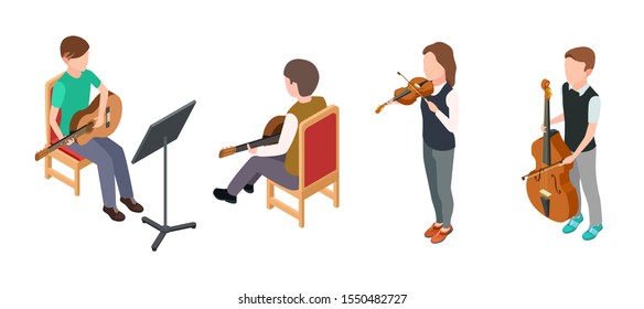 Children musicians. Isometric characters with violin guitar cello. Vector children orchestra isolated on white background