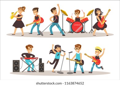 Children Musicians Performing On Stage On Talent Show Colorful Vector Illustration With Talented Schoolkids Concert
