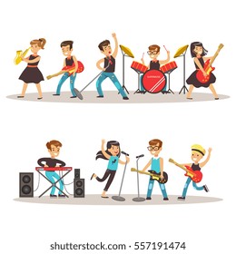 Children Musicians Performing On Stage On Talent Show Colorful Vector Illustration With Talented Schoolkids Concert