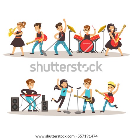 Children Musicians Performing On Stage On Talent Show Colorful Vector Illustration With Talented Schoolkids Concert