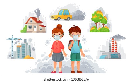 Children in N95 masks. Dirty environment protection, face mask protect from street smoke and PM2.5. Car dirty fog, factory fume or diseases facing masks. Cartoon vector illustration