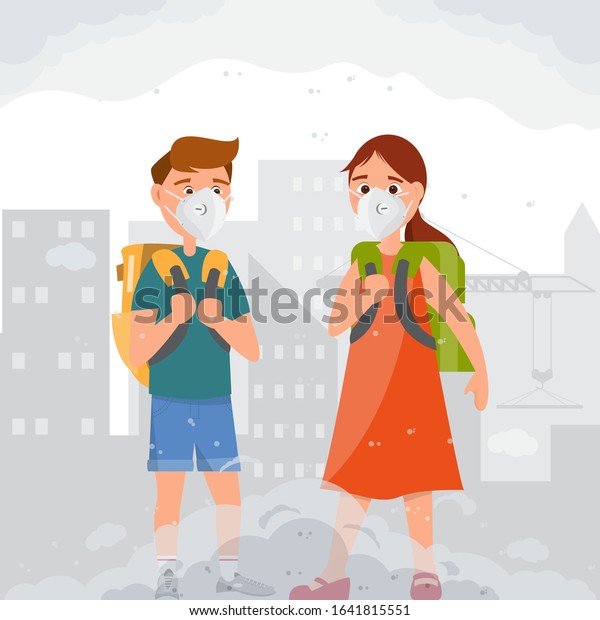children with N95 masks. Dirty\
environment from dust. boy and girl wear mask protect a smoke PM2.5\
and pollution fog. vector illustration cartoon\
character