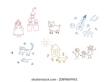 Children naive simple crayon drawings multicolored symbols set, hand drawn vector illustration isolated on white background. Kids doodle drawings collection.