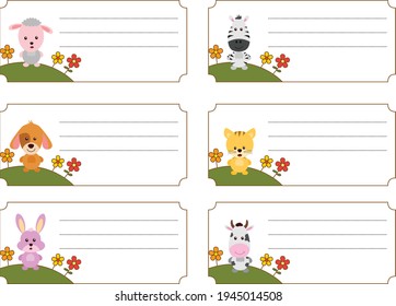 Children name card vector with cute animals isolated on white background