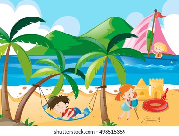 Children napping and playing on the beach illustration