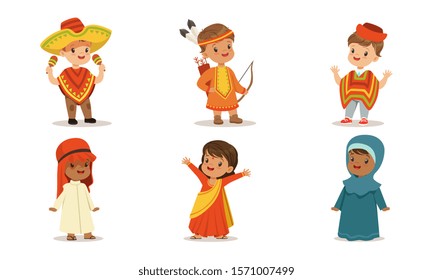 Children in national costumes from different countries. Set of vector illustrations.