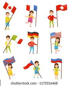 Children with national flags of different countries, holiday design elements for Independence Day, Flag Day vector Illustrations on a white background