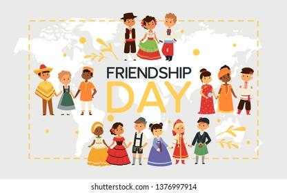 Children nationalities vector kids characters in traditional costume national dress of China Ukraine Spain culture illustration backdrop of international multicultural friendship background.