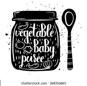 Children natural food. A jar of vegan baby purees from fresh vegetables isolated on a white background. Vector illustration