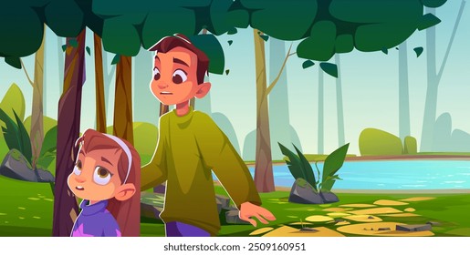 Children near beautiful forest lake landscape. Unhappy boy and girl alone in nature environment with water. Character with upset and worried expression in outdoor summer game scenery design.