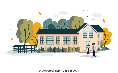 Children near a school building and autumn trees. Happy kids are happy to start the new school year. Boys and girls go back to school cartoon style vector illustration. 