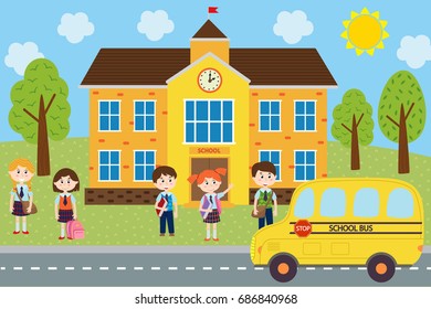 children near the school are waiting the bus - vector illustration, eps
