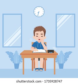 Children in new normal life learns lessons distance education at home self learning for prevent coronavirus feeling sleepy, Distance Learning concept.