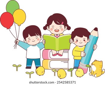 enfants, nouveau semestre, éducation, apprentissage, ouverture, admission, école, mignon, caractère, Image vectorielle, printemps, amusement, sourire, heureux