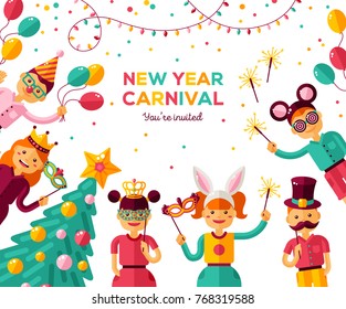 Children New year 2018 carnival party poster. Vector illustration. Friends celebrating and laughing together. Happy boys and girls in costume at masquerade. Cartoon characters with decorated fir tree