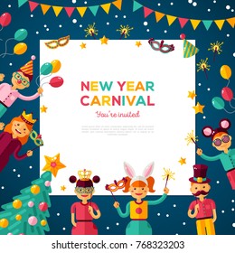 Children New year 2018 carnival party poster. Vector illustration. Happy boys and girls in costume at masquerade. Cartoon characters with square frame, place for you text