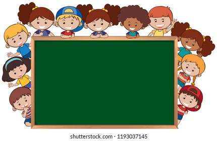 Children next to the chalkboard template illustration