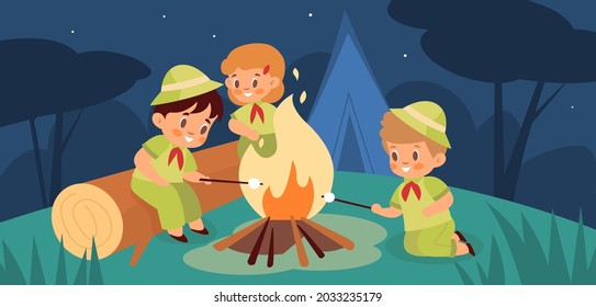 Children night campfire. Young adventurers around night fire fried marshmallows, nighty forest, kids on hike overnight stay. Happy boys and girls summer outdoor vacation. Vector concept