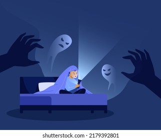 Children Nightmares. Anxiety Kid Under Blanket Scared Of Monster Bed Dark Room, Child Nightmare Fear Ghost Boy Afraid Boogeyman Darkness Bedroom Horror Vector Illustration. Bed Nightmare Frightened