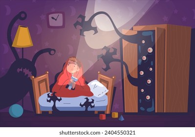 Children nightmares. Child fear dark bedroom, scared kid afraid horror ghost shadow night monster, worried kids on bed scary nightmare bed dream concept, classy vector illustration of afraid and fear