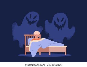 Children nightmares concept. Boy lies on bed, imagining ghosts and monsters behind him. Fantasia and Imagination, Halloween. Psychological problems and insomnia. Cartoon flat vector illustration