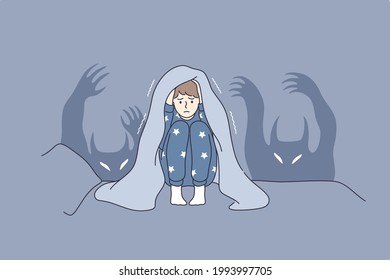 Children nightmares and fears concept. Afraid kid cartoon character sitting in bed covering head with blanket afraid of ghosts and hiding in bed vector illustration 