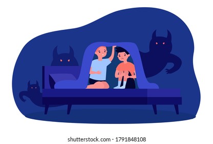 Las pesadillas y los miedos de los niños. Dos niños asustados temen a los fantasmas y se esconden en la cama bajo una manta por la noche. Ilustración vectorial para el miedo, monstruos, concepto de imaginación