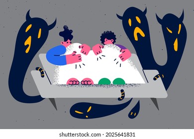 Children nightmares and feeling afraid concept. Scared children kids cartoon characters lying in bed covering head with blankets being afraid of ghosts and hiding in bed vector illustration 