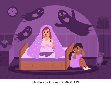 Children nightmares. Scared girls in dark room. Ghosts flying around bed with kids. Spooky shadows on walls. Babies afraid of poltergeists at night. Vector phobias and horrors concept