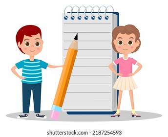 Children and a notepad for notes.A girl and a boy with a pencil and a notebook.Vector illustration.