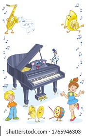 Children, notes and funny musical instruments. Poster or banner with place for text. In cartoon style. Isolated on white background. Vector illustration.