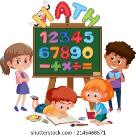 Children with number zero to nine on board illustration