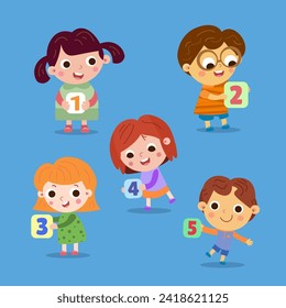 Children with numbers from 1 to 5. Cartoon flat style characters for design. Vector isolated illustrations, full color. Math for kids.