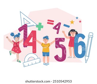 Children with numbers for learning numbers, mathematics, arithmetic and counting, flat vector illustration isolated on white. Kids with figures and school stationery.