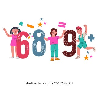 Crianças com números para aulas de matemática e aritmética e escola de matemática, ilustração vetorial isolada. Crianças contando e estudando aritmética, faixa de volta à escola.