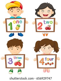 Children with numbers one to four on boards illustration