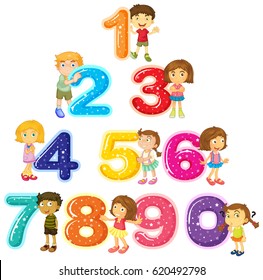 Children and numbers one to zero illustration